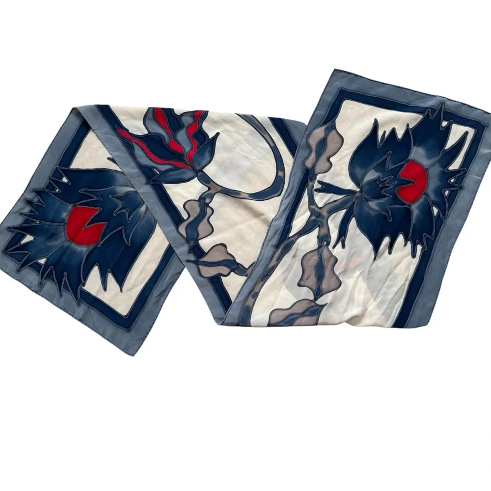 Artisan Hand Painted Blue Red White Silk Floral Neck Skinny Oblong Scarf